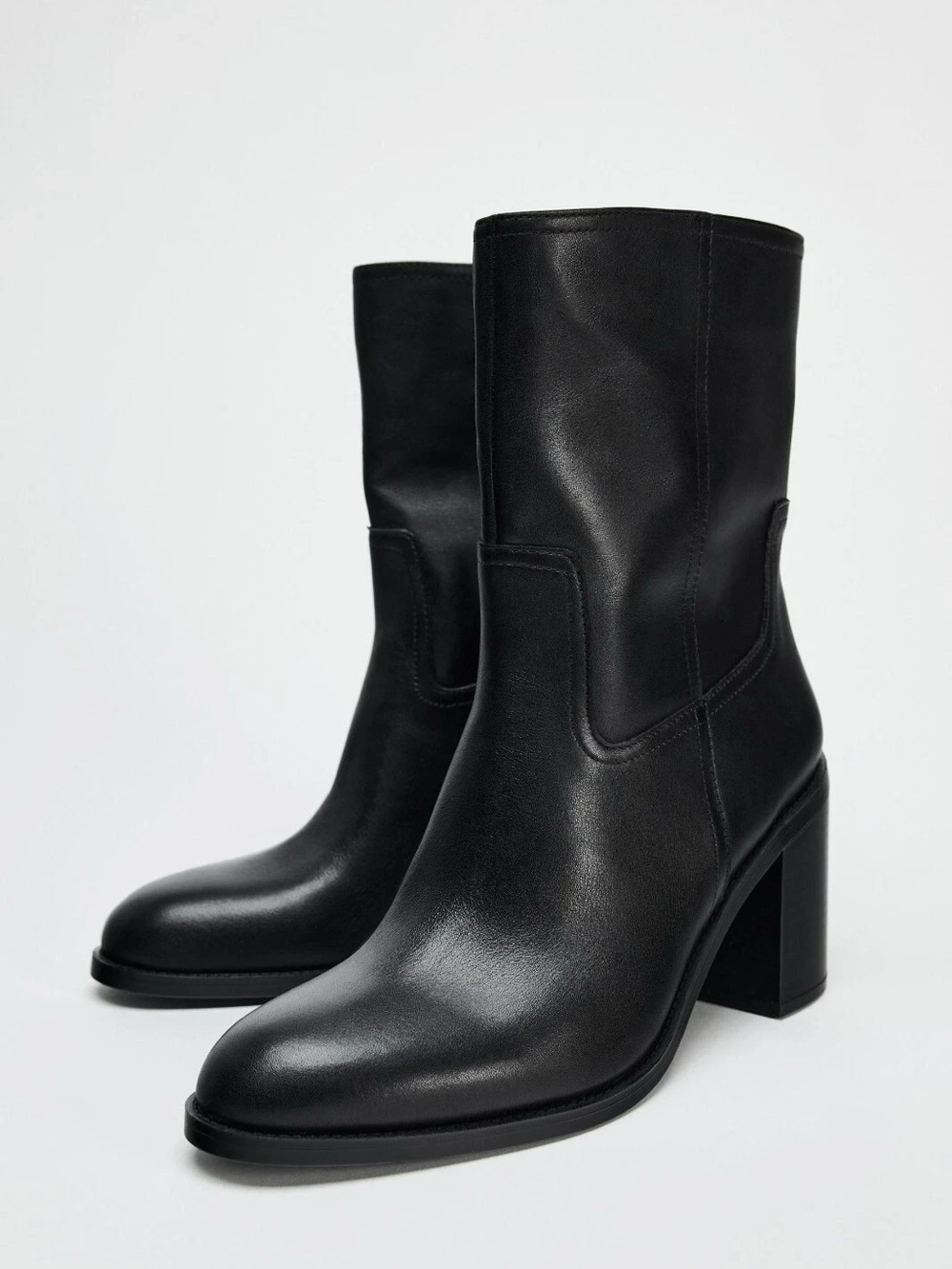 Zara Black Leather Mid-Calf Heeled Boots 39